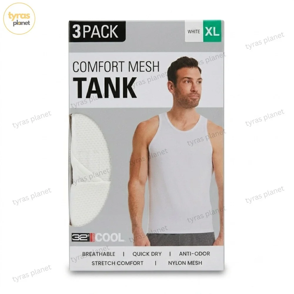 32 Degrees Cool Men's 3-Pack Comfort Mesh Tank T-Shirt, White, Size XL